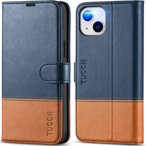 TUCCH Wallet Case for iPhone 14 Plus, [RFID Blocking] [4 Card Slots] TPU Interior Protective Case, Magnetic Folio Shockproof PU Leather Stand Flip Cover Compatible with iPhone 14 Plus 6.7, Blue&Brown