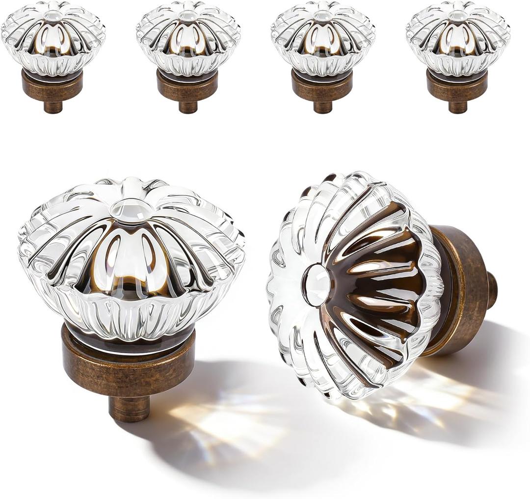 Crystal Cabinet Knobs Cabinets Knob, 4 Pack Flower Antique Brass Vintage Glass Clear Crystal Small Pull for Closet Dresser Drawers Cupboard, Retro Pulls Old Style Bronze Drawer Handle