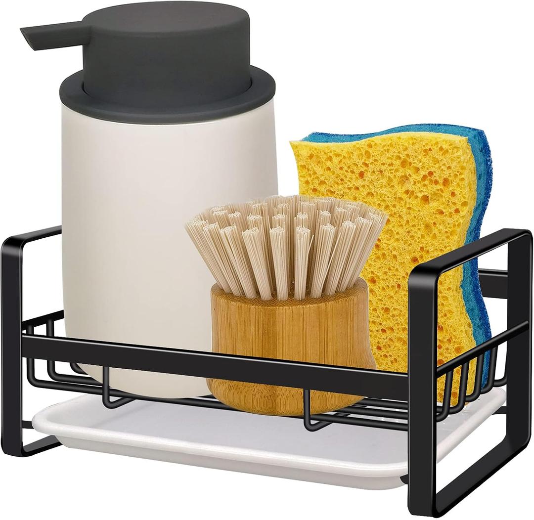 VANTEN Kitchen Sink Caddy Sponge Holder Organizer, Sink Tray Drainer Rack, Soap Dish Dispenser Brush Holder Storage Accessories - Countertop or Adhesive Wall Mount, Matte Black Stainless Steel