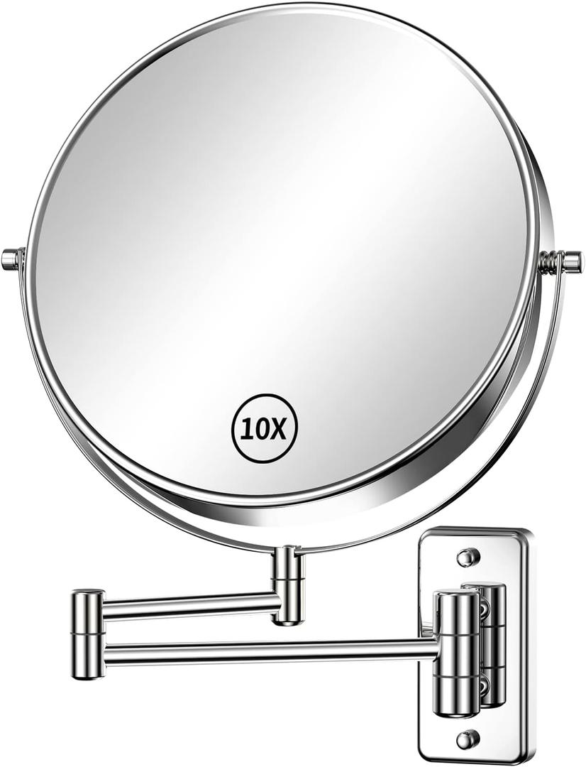 Gospire 9" Large Size Wall Mount Magnifying Mirror with 1X/10X Double-Sided, 360 Swivel Chrome Polished Extendable Cosmetic Vanity Round Shaving Bathroom Magnification Mirror for Men and Women (9"L x 9"W, Silvery)