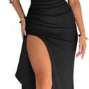 YMDUCH Women's Elegant Strapless Bodycon Ruched Ruffle High Split Long Formal Evening Dress, Medium