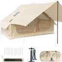 4 Person Inflatable Tent with Stove Jack & Canopy, 4 Season Glamping Air Tent with Panoramic Skylight, AC & Power Port, Waterproof Blow Up Tent House for Camping, Easy Setup