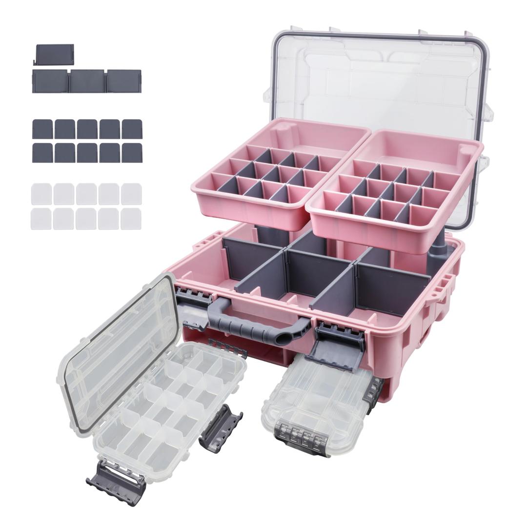 RUNCL Upgraded Large Capacity Waterproof Floating Tackle Box with Rod Holder, Airtight Organizer with Removable Trays for Lures Hooks Baits, Durable Fishing Gear Storage Gift for Anglers Pink