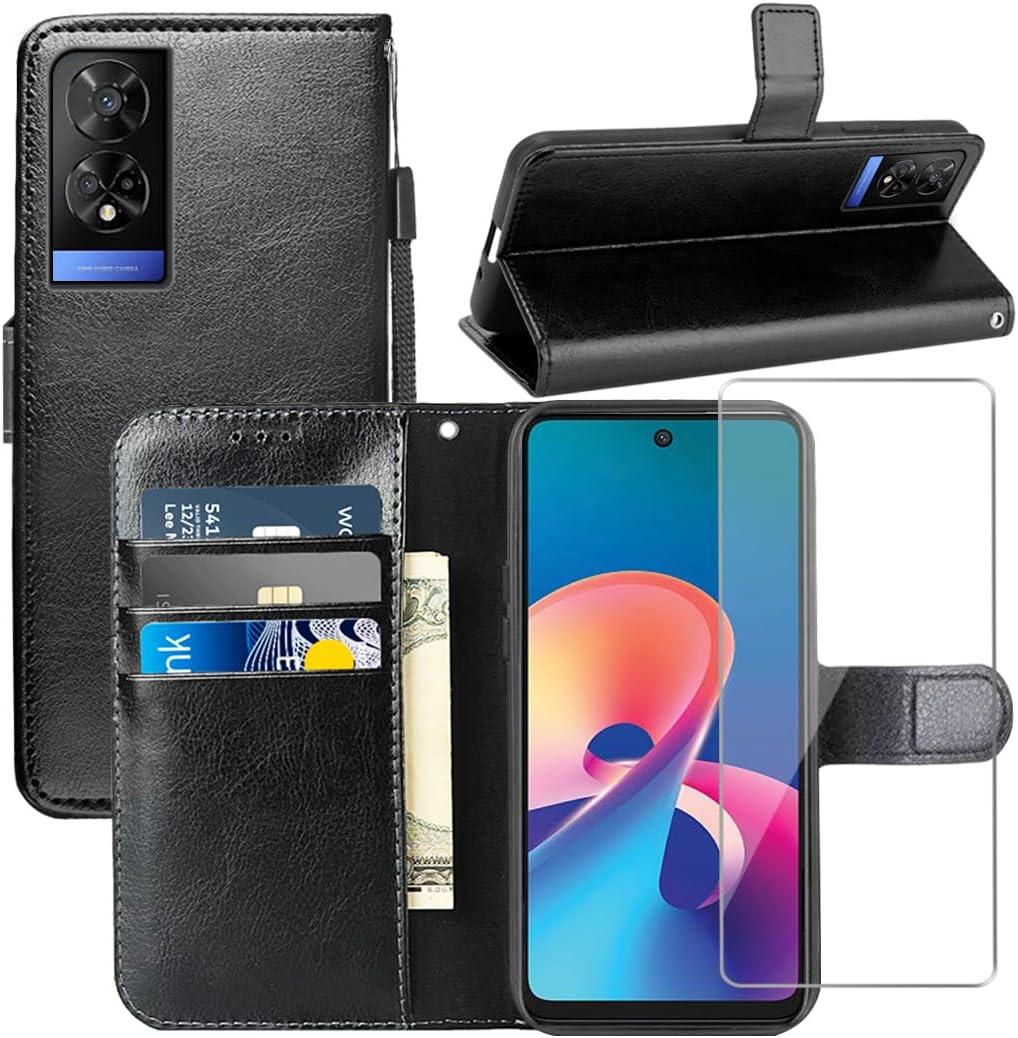 for TCL 50 XE 5G Case,with Screen Protector,PU Leather Wrist Strap Card Slots Shockproof Protective Flip Cover Phone Wallet Case for TCL 50 XE Nxtpaper 5G, Black