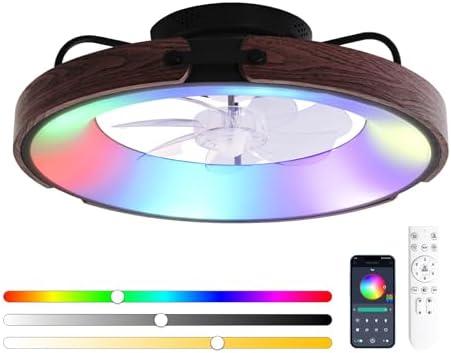 Carrefour Ceiling Fan with Light, 19.5'' Smart Low Profile Ceiling Fan, Flush Mount LED Fan with Remote, 6 Speeds, Reversible, Dimmable, RGB Ceiling Light for Bedroom, Kids Room (Matte Black)
