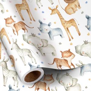 RUSPEPA Jungle Animal Wrapping Paper Roll for Boy Girl, Mini Roll, Cute Safari Design with Elephant Giraffe Zebra Lion Gift Wrap for Kids' Birthday, Baby Shower, Nursery Celebrations, 17 In x 16.4 Ft