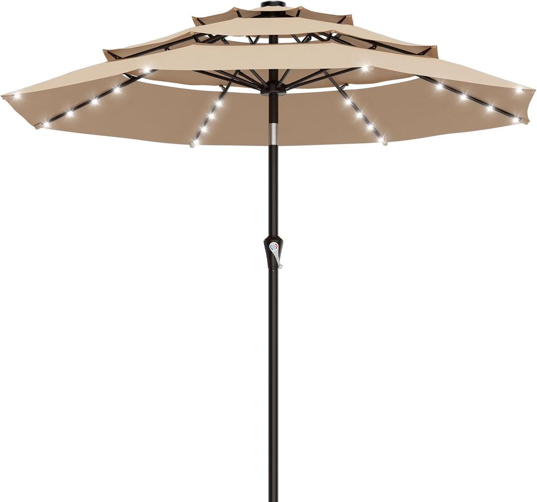AreShark 9ft 3 Tiers Patio Umbrella with Solar Lights, Outdoor Umbrella w/ 32 LED Lights&8 Sturdy Ribs, Table Umbrella for Deck, Backyard, Pool (Beige)