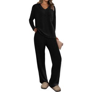PRETTYGARDEN Women's 2 Piece Lounge Sets Ribbed Knit Long Sleeve V Neck Pullover Tops Wide Leg Pants Spring Fall Outfits (Black), S