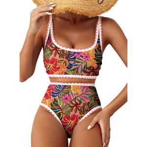 Herseas Women's Bikini Sets Floral Print Whip Stitch 2 Piece Swimsuits High Waisted Scoop Bathing Suits (L)