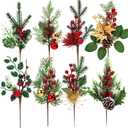 Artificial Christmas Picks, 8Pcs Christmas Sprays Picks with Red Berry Stems Pine Cones Holly Poinsettia, Faux Floral Branches for Xmas Tree Filler Wreath Garland Holiday DIY Crafts Decorations(8)
