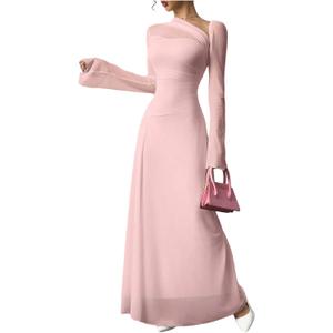 GORGLITTER Women's Mesh Sheer Bell Long Sleeve Maxi Dress Prom Wedding Guest Dress Slip Party Cocktail Slimming Dresses (Pink, S)