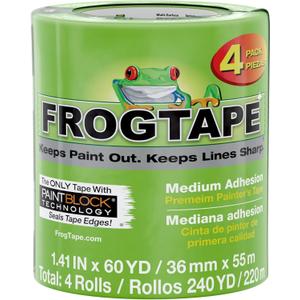 FrogTape Multi-Surface Painters Tape with PAINTBLOCK, 1.5 Inch Wide (1.41 In. x 60 Yds), Medium Adhesion, Green, 4 Rolls (240660)