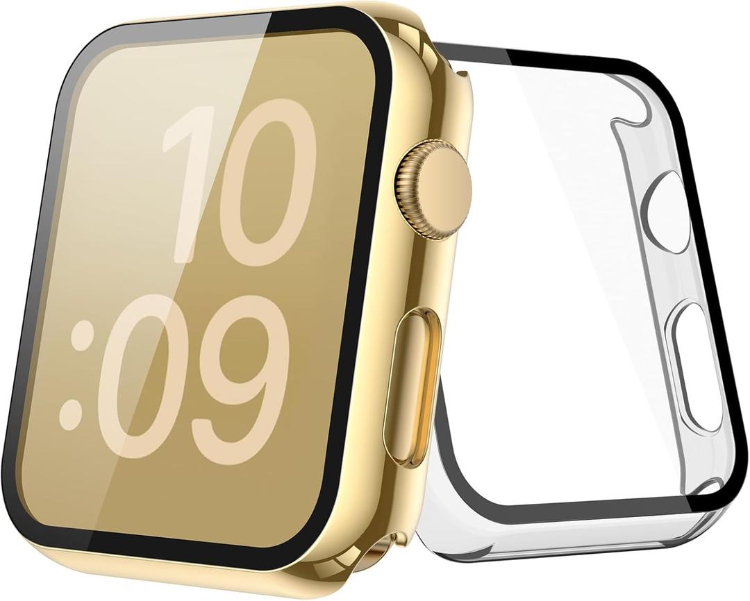 [2-Pack] Julk Gold Case with Screen Protector for Apple Watch Series 3/2 42mm, 9H Tempered Glass with Ultra Thin Hard Protective Cover for iWatch [1 Gold + 1 Transparent]