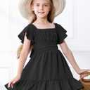 Durio Girls Summer Short Sleeve Dress Tie Back Off Shoulder Dresses for Teens Ruffle Tween Girls Dresses Size 10-11Y