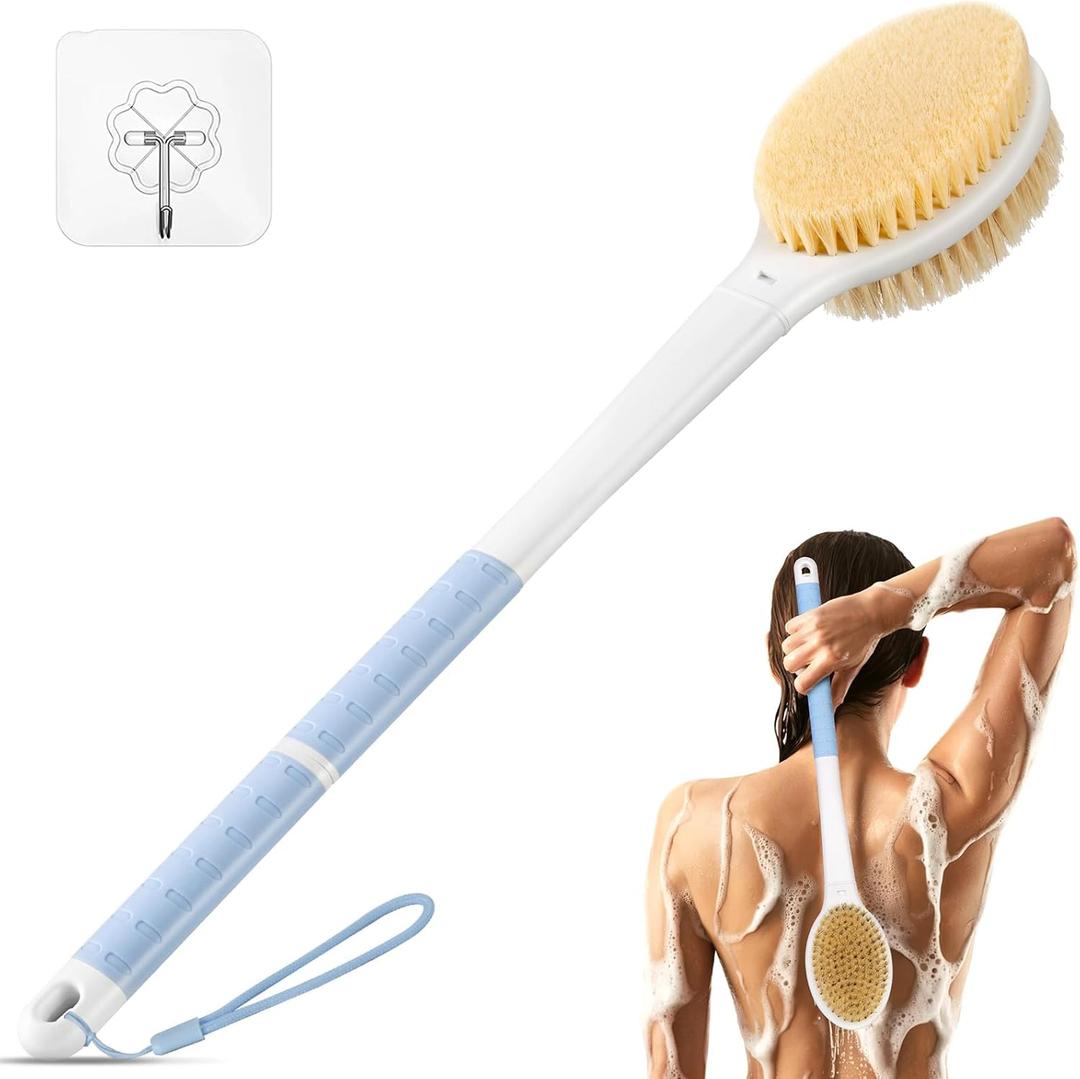 Back Scrubber Body Shower Brush: Anti Slip Long Handle Bath Brush with Stiff and Soft Bristles - Showering Exfoliator Wet or Dry Brushing for Women, Men, Elderly (Blue) (18.1 in-Blue)