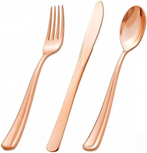 bUCLA 600PCS Rose Gold Plastic Silverware Set - Disposable Rose Gold Plastic Cutlery Include 200 Knives, 200 Forks, 200 Spoons for Party, Wedding & Mother’s Day