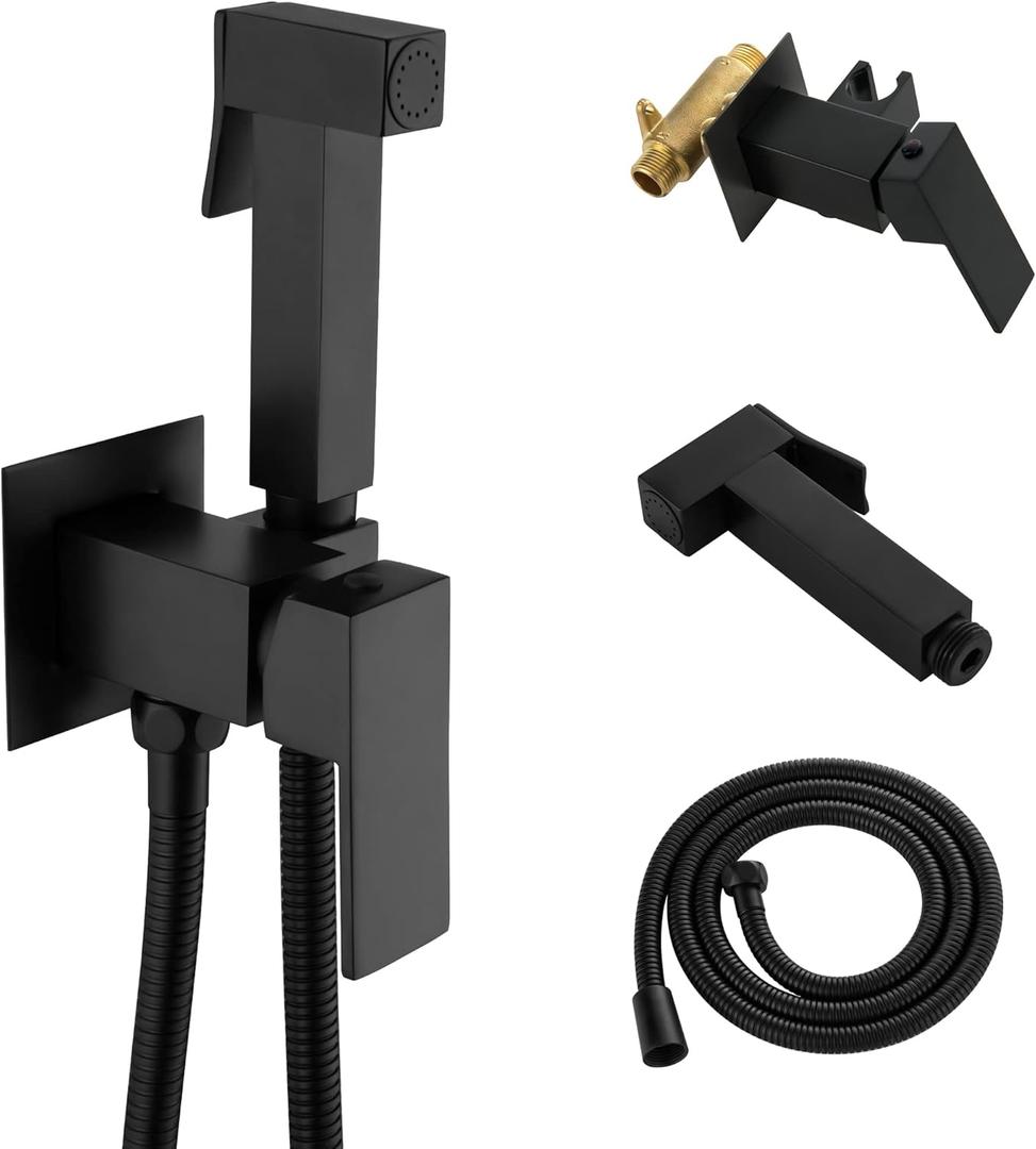 SHAMANDA Warm Water Bidet Sprayer for Toilet with Hot and Cold Brass Rough-in Valve, Stainless Steel Handheld Bidet Attachment Set for Feminine, Pets and Baby Diaper Wash, Matte Black, BDS08-7