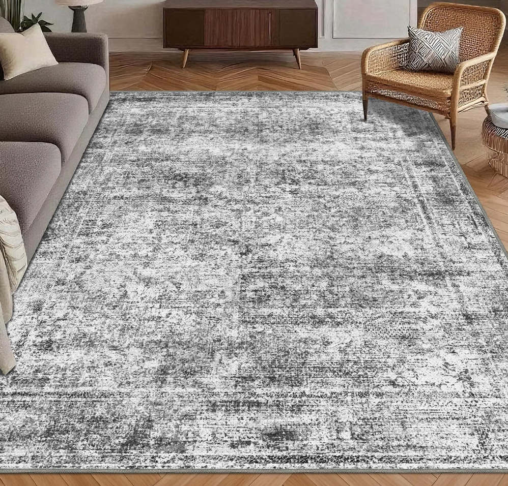 Washable Area Rug 9' x 12' Vintage Traditional Persian Mat - Foldable Distressed Non-Slip Machine Washable Carpet for Living Room Bedroom Kitchen Home Decor - Graphite and Mist, 4 Pieces