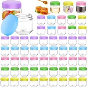 Tanlade 60 Pcs 3 oz Clear Plastic Jars with Lids Wide Mouth Mason Jars Mini Storage Containers Bulk for Herb Jelly Wedding Valentine Favors Shower Party Favors(Colorful)