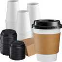GUSTO [12 oz. - 100 Sets Disposable Coffee Cups with Lids and sleeves - To Go Paper Hot Cups for Travel and Office Use - Formerly Comfy Package
