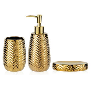 Gold Bathroom Accessories 3pcs Stylish Bathroom Accessories Set Gold Soap Dispenser Pump, Tumbler and Soap Dish Modern Decor Wavy Design Ceramic Bathroom Accessory Set