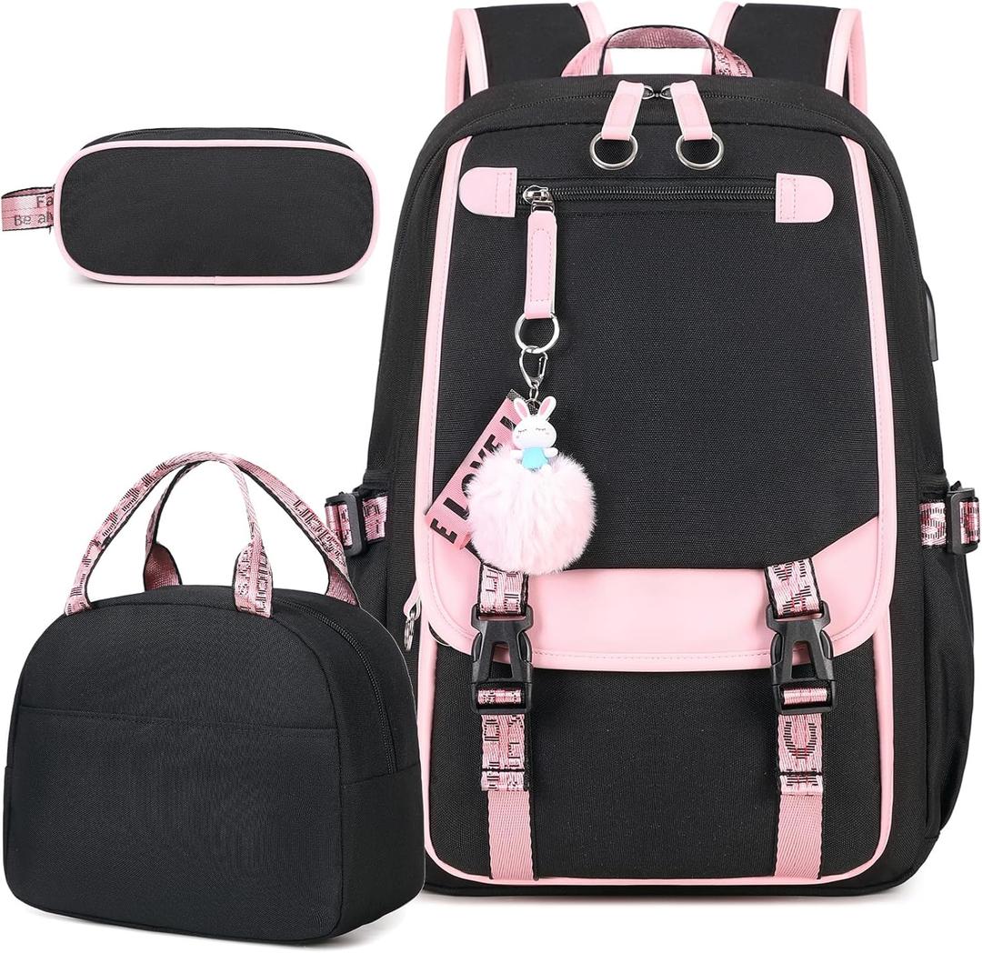 Bevalsa School Backpack for Girls, Backpack with Lunch Box & Pen Case, Bookbag for Girls Kids Elementary Middle High School Student 21L Children Schoolbag (Pink Black)
