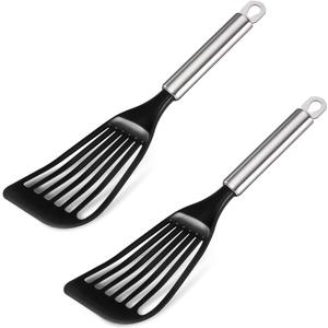 2pcs -Tenta Kitchen Nonstick cookware Thin Slotted Egg Spatula Turner Flexible Nylon Metal Fish Spatula, Wide Blade Lightweight Heat Resistant with Long and Thickness Stainless Steel Handle. (2PCS) (Spatula Set of 2)