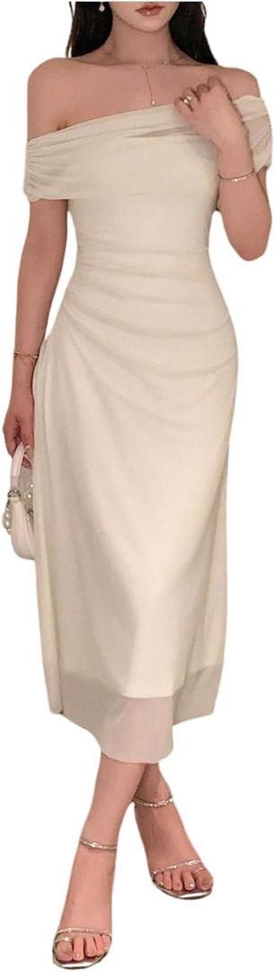 MakeMeChic Women's Off The Shoulder Midi Dress Short Sleeve Mesh Ruched Cocktail Formal Dresses, Beige, Size XL