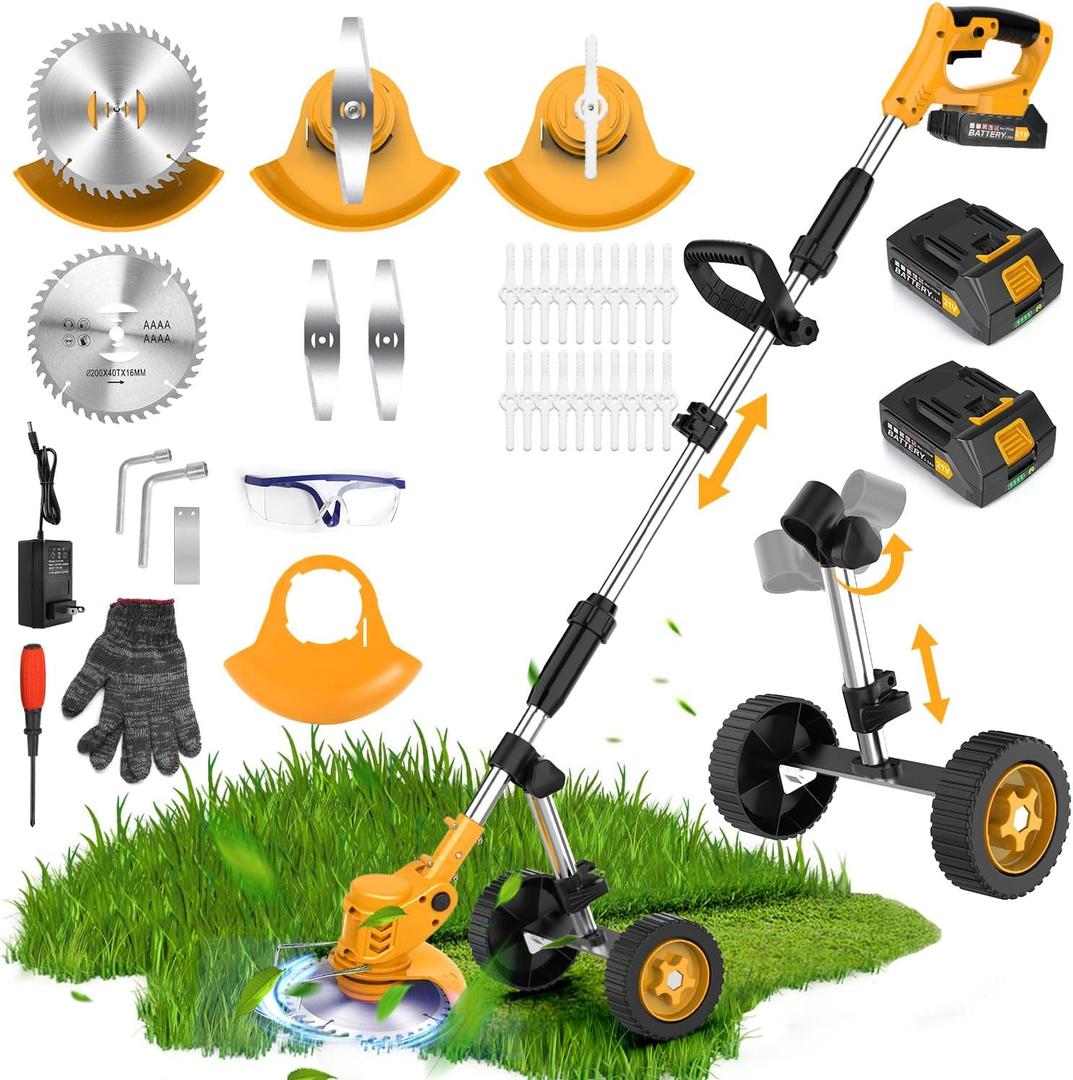 20000 RPM Electric Weed Wacker Cordless, 3-in-1 Weed Eater Cordless with Battery Powered, Lawn Mower/Grass Trimmer/Lawn Edger with 3 Types Blades, Battery Weed Wacker with Wheels (2 Battery, Yellow)