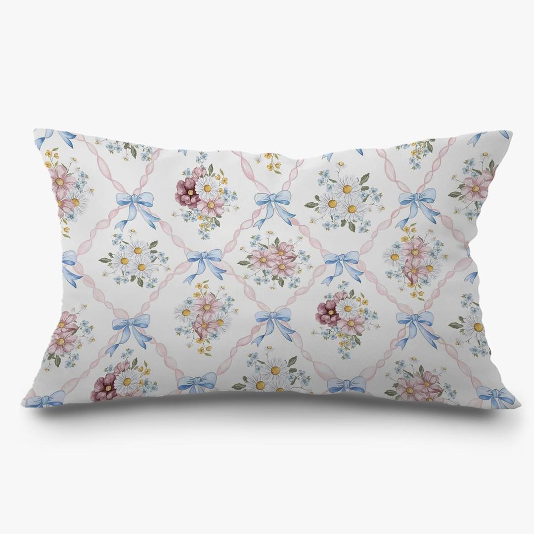 Coquette Blue Bow Floral Pillow Covers 12x20, Vintage Wildflower Botanical Ribbons Trellis Lumbar Throw Pillow Covers for Home Bedroom Living Room, Chinoiserie Decor