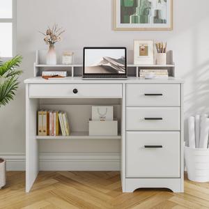 4 EVER WINNER White Desk with Drawers, Farmhouse Home Office Desks for Small Spaces, Small Computer Desk with File Drawers & Monitor Stand, Wood Table with Drawers, White