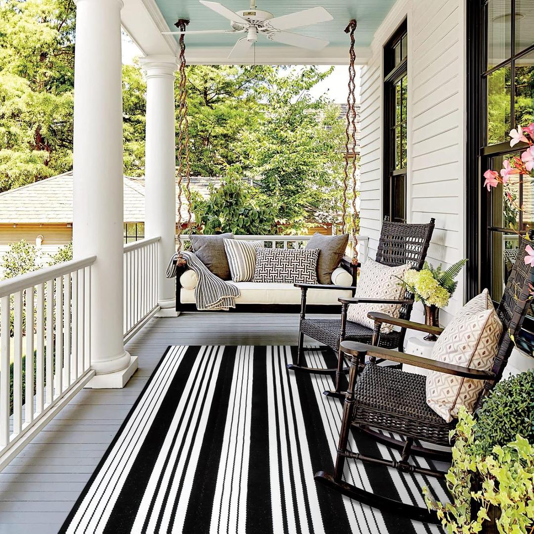 Outdoor Rug 5'X7', Cotton Woven Large Patio Rug, Cotton Woven Fall Front Porch Rug, Black and White Striped Outdoor Rugs for Farmhouse Deck Backyard Living Room Halloween Decor, Black and White 