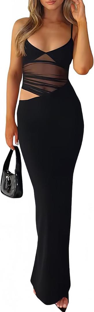 EYNMIN Women's V Neck Bodycon Maxi Dress Spaghetti Strap Cut Out Slit Long Formal Cocktail Party Wedding Guest Dresses (Black, L)