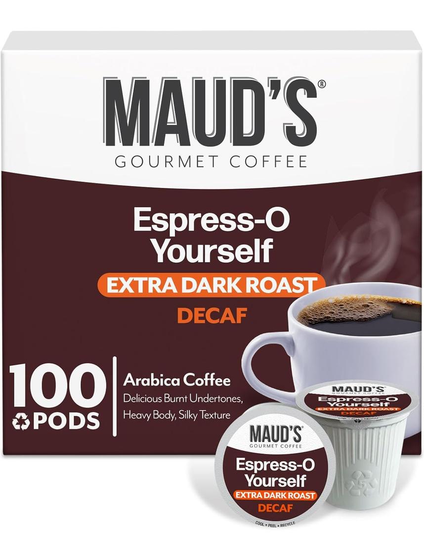 Maud's Decaf Espresso Roast Coffee Pods, 100 ct, Decaffeinated Dark Roast Coffee in Recyclable Single Serve Pods  100% Arabica Coffee, Compatible with Keurig K Cups Maker