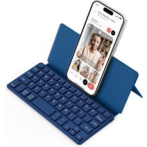 CACOE Wireless Keyboard with Stand, Mini Keyboard for Cell Phone, UltraSlim Portable, Foldable, DualChannel QWERTY with Stand Holder for Smartphone and More iOS Android Windows, Ocean Blue