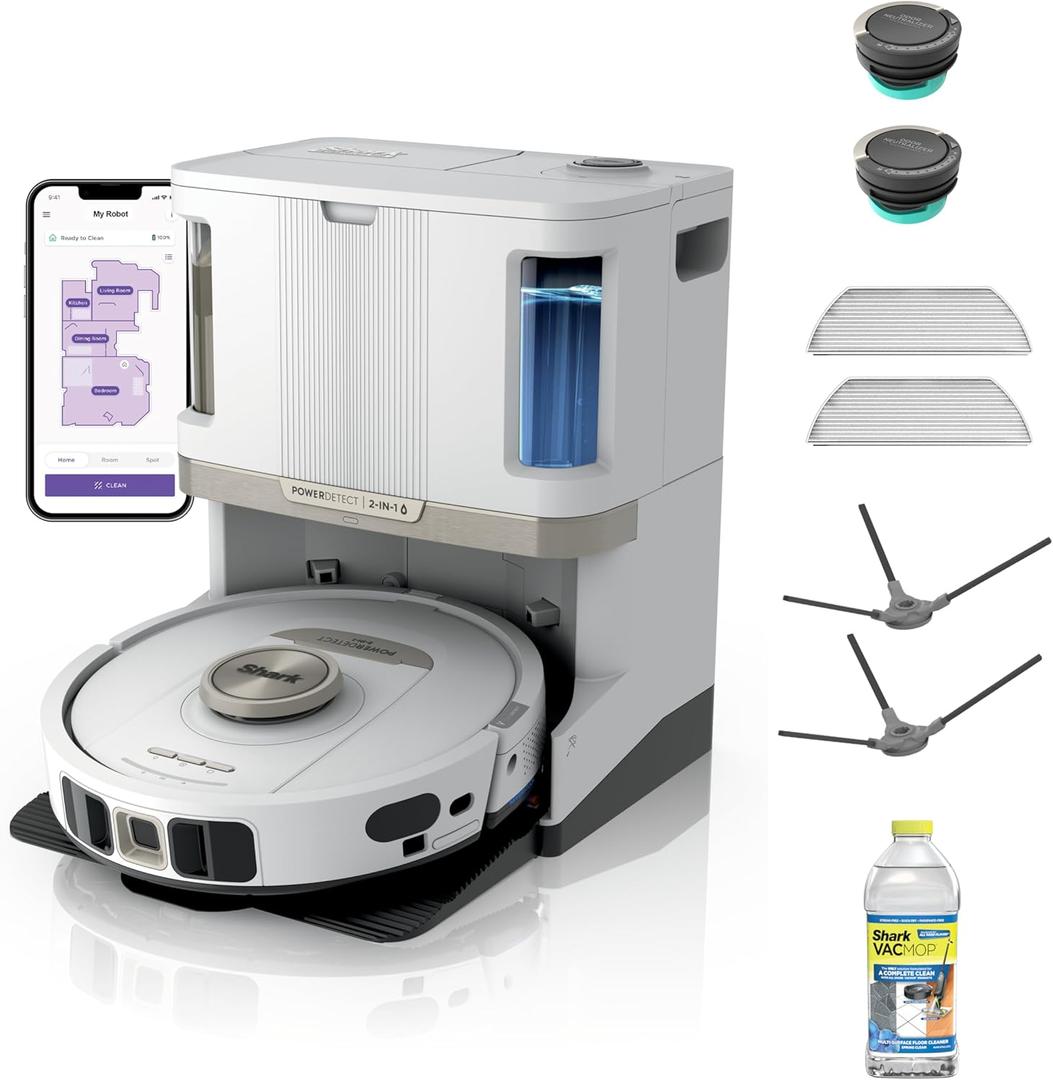 Shark Robot Vacuum & Mop Combo, PowerDetect NeverTouch Pro, Self-Emptying, Self-Refill with Self-Clean Pad Wash & Dry, 60-Day Debris Capacity, 30-Day Refill Tank, 5PowerDetect Technologies,White,AV2800ZE