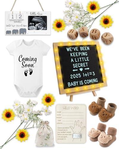24 PCS Pregnancy Announcement Set, Baby Announcement Gift Sets, Felt Letter Board, Bodysuit, Thick & Thin Socks, Photo Frame, Wood Blocks, Wooden Sign, Pregnancy Reveal Ideas for Coming Soon Baby