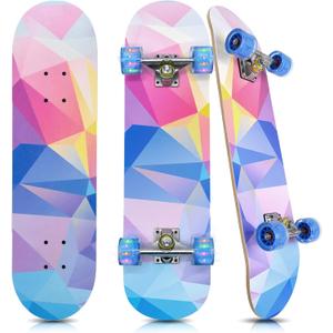 Complete Skateboard for Kids, Girls, Boys, Beginners, Teens, 7 Layer Maple Deck Standard Skateboard with 90A PU Wheels, 31" x 7.8" Double Kick Concave Skate Board with T-Tool