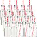 Yinkin 20 Set Plastic Milk Bottles with Straws Metal Lids Clear Plastic Containers for Dairy Milk Party Bottle for Juices Shakes Smoothies(10 oz,Red, White)