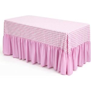 Pink Gingham Tablecloth with Ruffle Table Skirt for 6 Foot Rectangle Table, 72 x 30 Inch Checkered Scalloped Tablecover, Rectangle Picnic Party Decor Tablecloth for Wedding Baby Shower