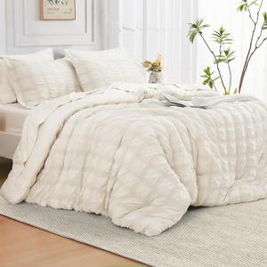JOLLYVOGUE Queen Comforter Set Seersucker 7 Pieces, Ivory Comforter, Soft Bed in a Bag Queen Size, All Season Bedding Set with Comforter, Flat Sheet, Fitted Sheet, Pillowcases, Pillow Shams (Queen(88"x 88"))