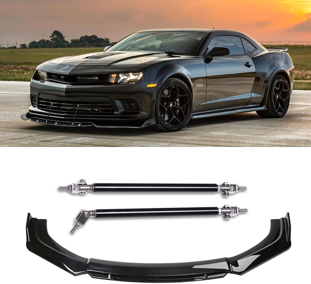 4PCS Universal Car Front Bumper Lip Body Kit Splitter Spoiler Diffuser Protector with Adjustable 8"-11" Support Splitter Rods - Gloss Black,Black Tongue