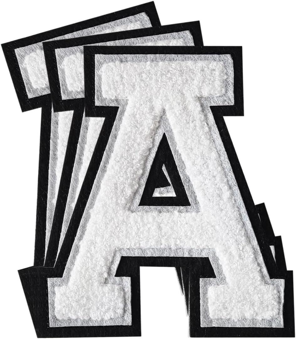 3Pcs Chenille Letter Patches Iron on Patches Varsity Letter Patches Chenille Embroidered Patch Sew On Patches for Clothing Hat Bags Jackets Shirt (White, A)