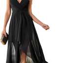 Women's Elegant V Neck Pleat Sleeveless Chiffon Ruffled Straps High-Low Hem Party Maxi Formal Dress Large