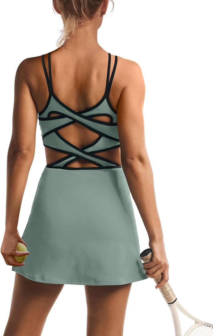 ReachMe Womens Tennis Dress Athletic Dresses with Built in Shorts and Bra Summer Workout Romper Trendy Golf Outfits (L)
