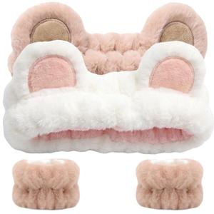 3 x Bear Ears Headband, Cute Spa Headband and Wristband Set Washing Face Skincare Makeup Headbands for Women Girls Trendy Stuff Present Soft Coral Fleece Hair Accessories(Khaki + White)
