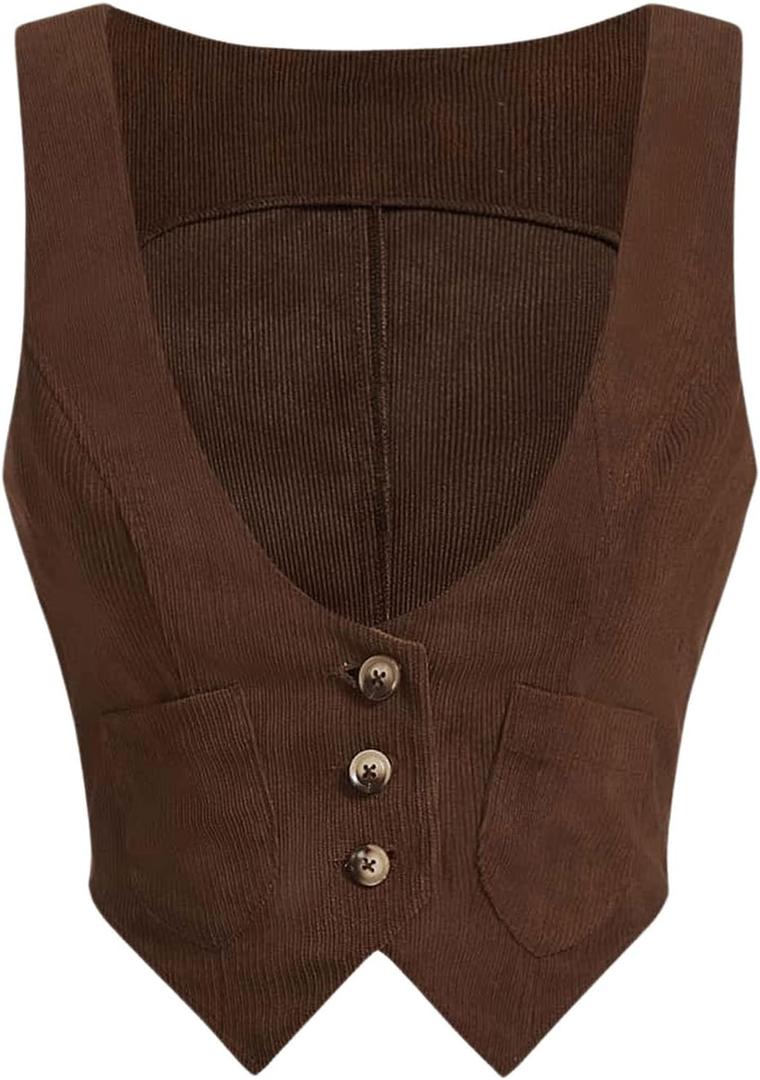 MakeMeChic Women's Vintage Cowboy Chic Corduroy Tank Top Deep V Neck Sleeveless Button Down Crop Tops (Large, Chocolate Brown)