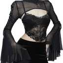 Women Goth Tops Punk Cover Ups Mesh Crop Top See Through Sexy Long Sleeve Blouse Y2k Black Rave Outfit Festival (Black, L)
