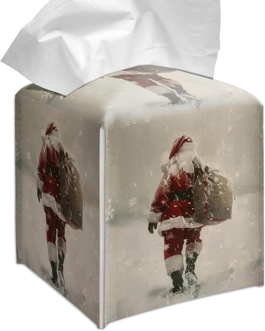 Grace Yonks Christmas Tissue Box Cover Square, Santa Walking in Snow Design Cube Case for Facial Tissues, 5.2" PU Leather. (105)