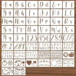 BAMIDELE Letter Stencils for Painting on Wood, 50 Pcs Calligraphy Alphabet Drawing Templates with Numbers, Signs, Reusable Cursive Plastic Art Craft Stencils